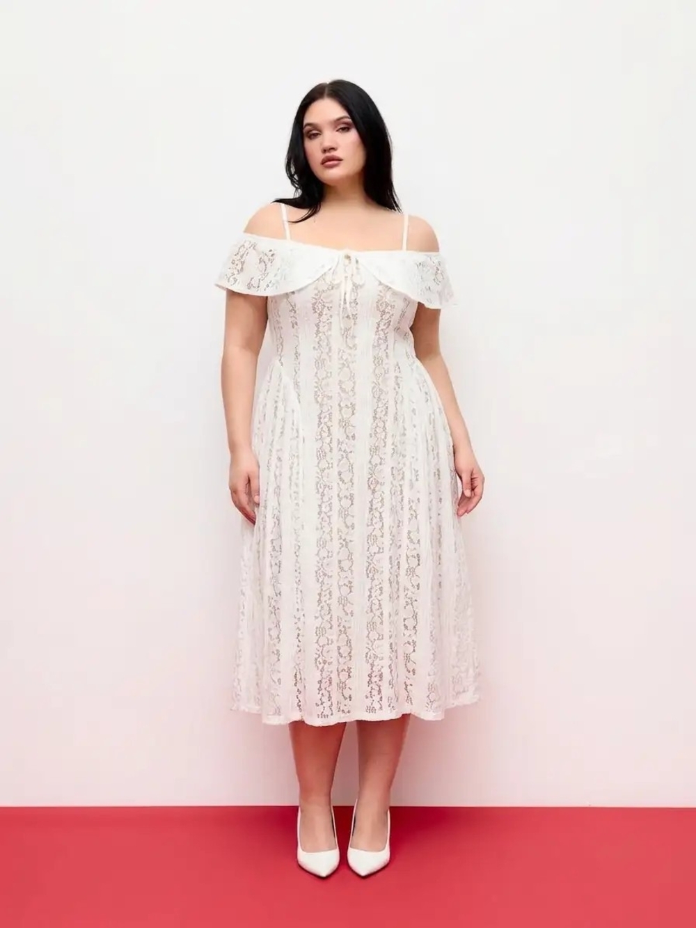 Cider White Lace Off-Shoulder Midi Dress with Spaghetti Straps